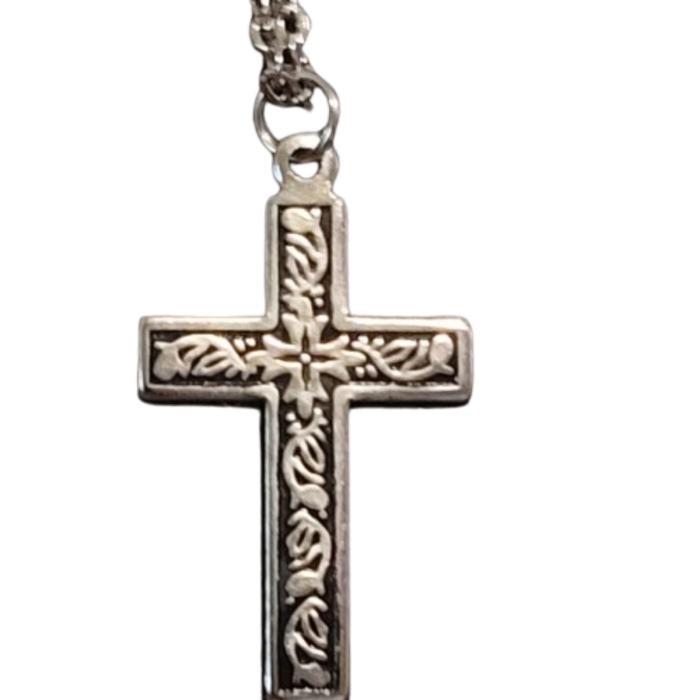 Vintage Christian Cross necklace Flower Vine Silver Black  Filigree Goth Design